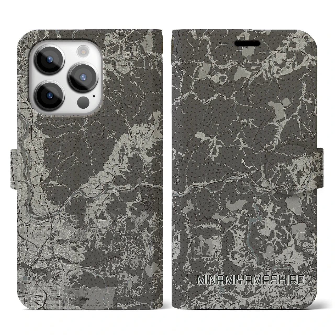 【南山城(京都府)】地図柄iPhoneケース(手帳タイプ)モノトーン・iPhone 14 Pro 用
