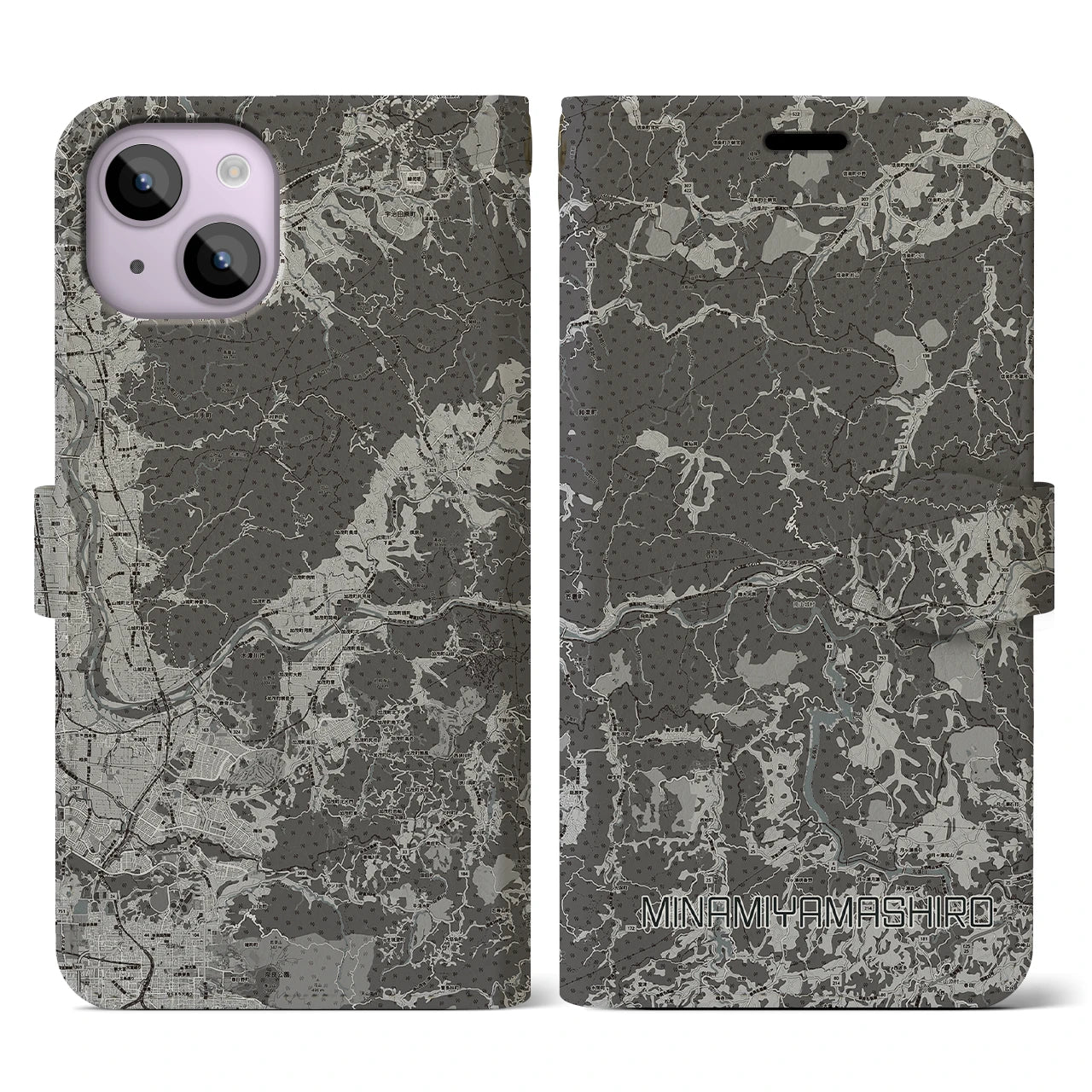 【南山城(京都府)】地図柄iPhoneケース(手帳タイプ)モノトーン・iPhone 14 用
