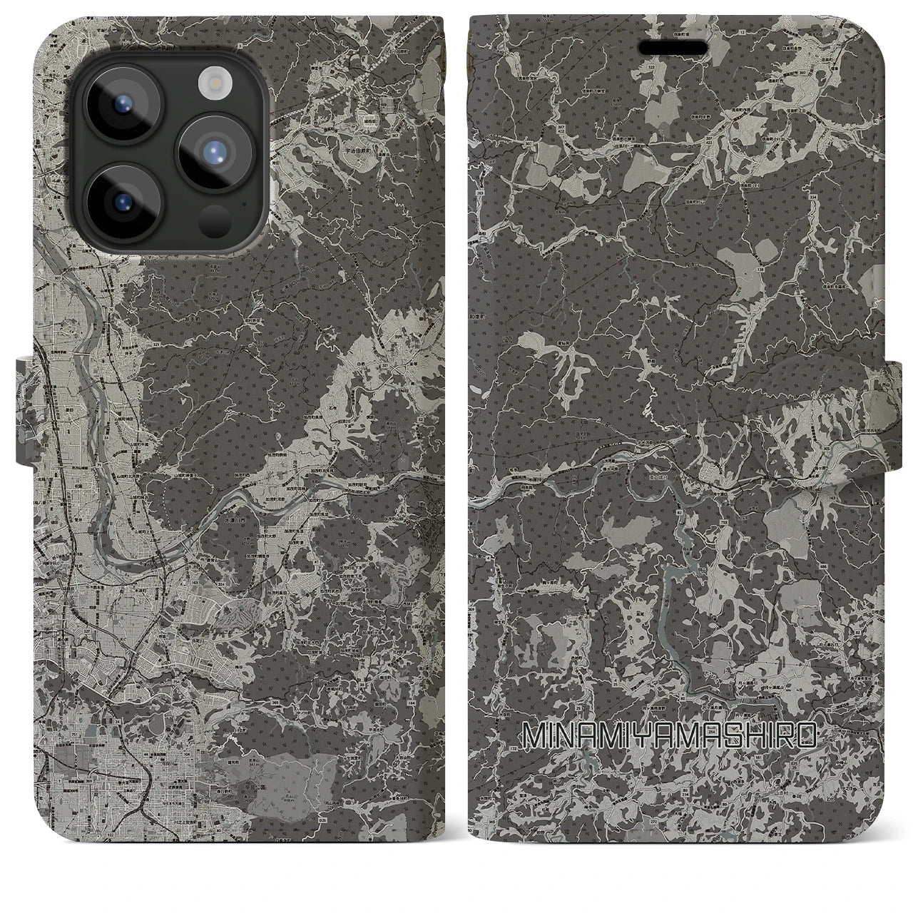 【南山城(京都府)】地図柄iPhoneケース(手帳タイプ)モノトーン・iPhone 15 Pro Max 用