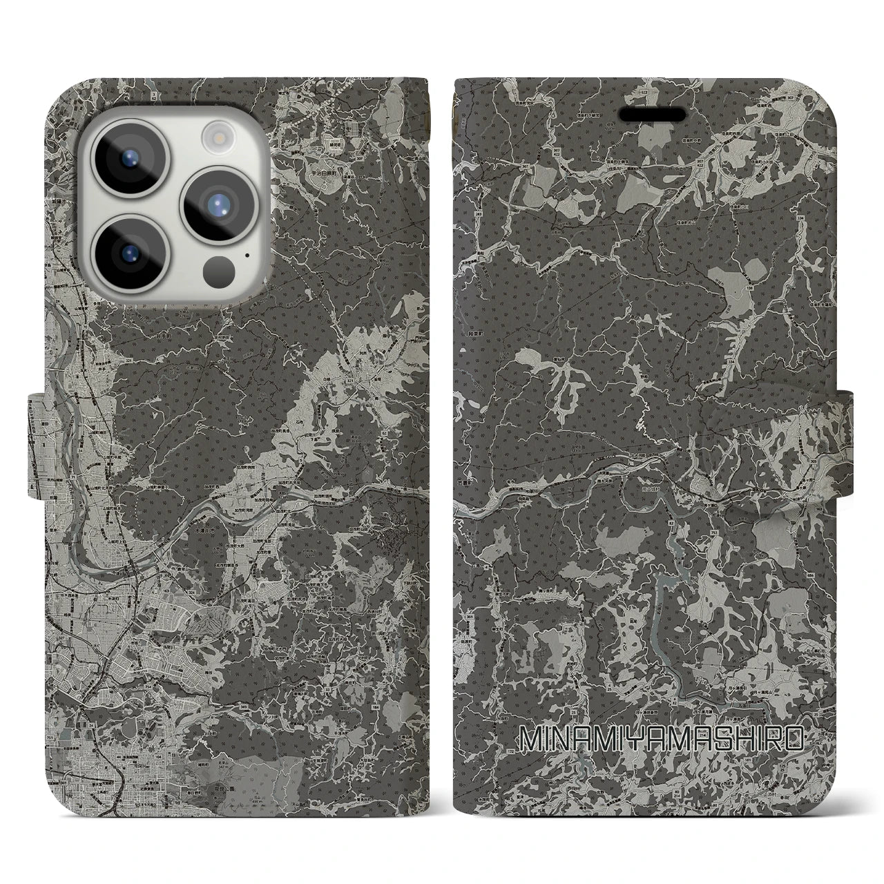 【南山城(京都府)】地図柄iPhoneケース(手帳タイプ)モノトーン・iPhone 15 Pro 用