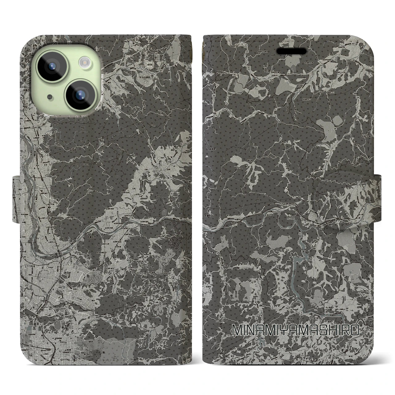 【南山城(京都府)】地図柄iPhoneケース(手帳タイプ)モノトーン・iPhone 15 用