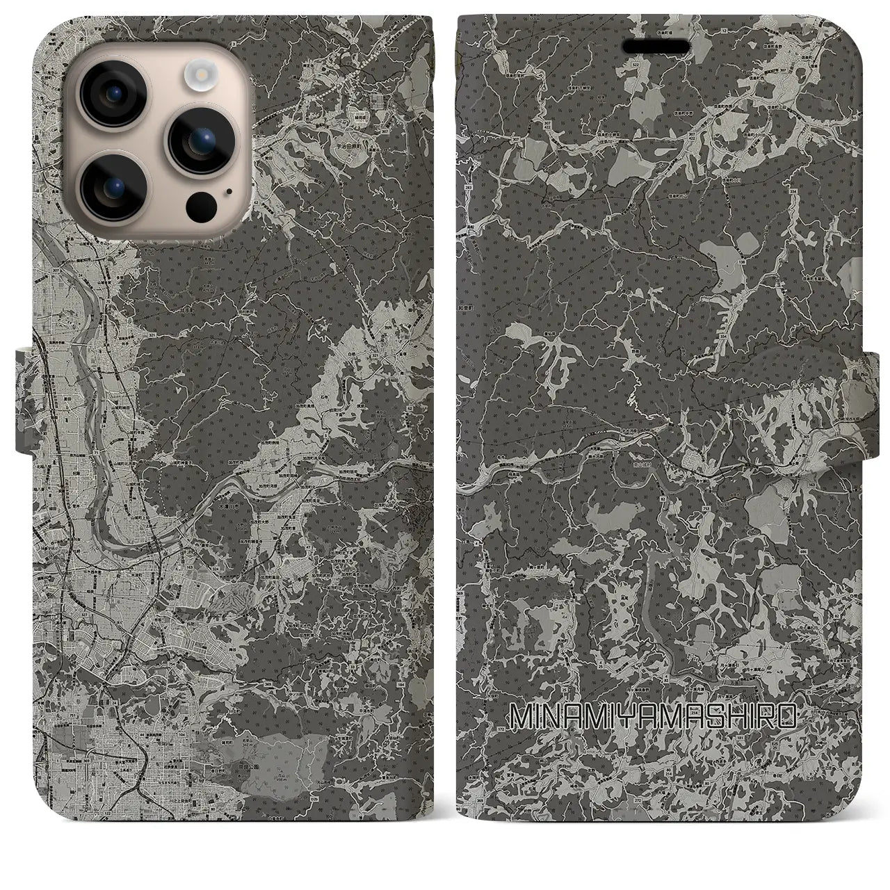 【南山城(京都府)】地図柄iPhoneケース(手帳タイプ)モノトーン・iPhone 16 Plus 用