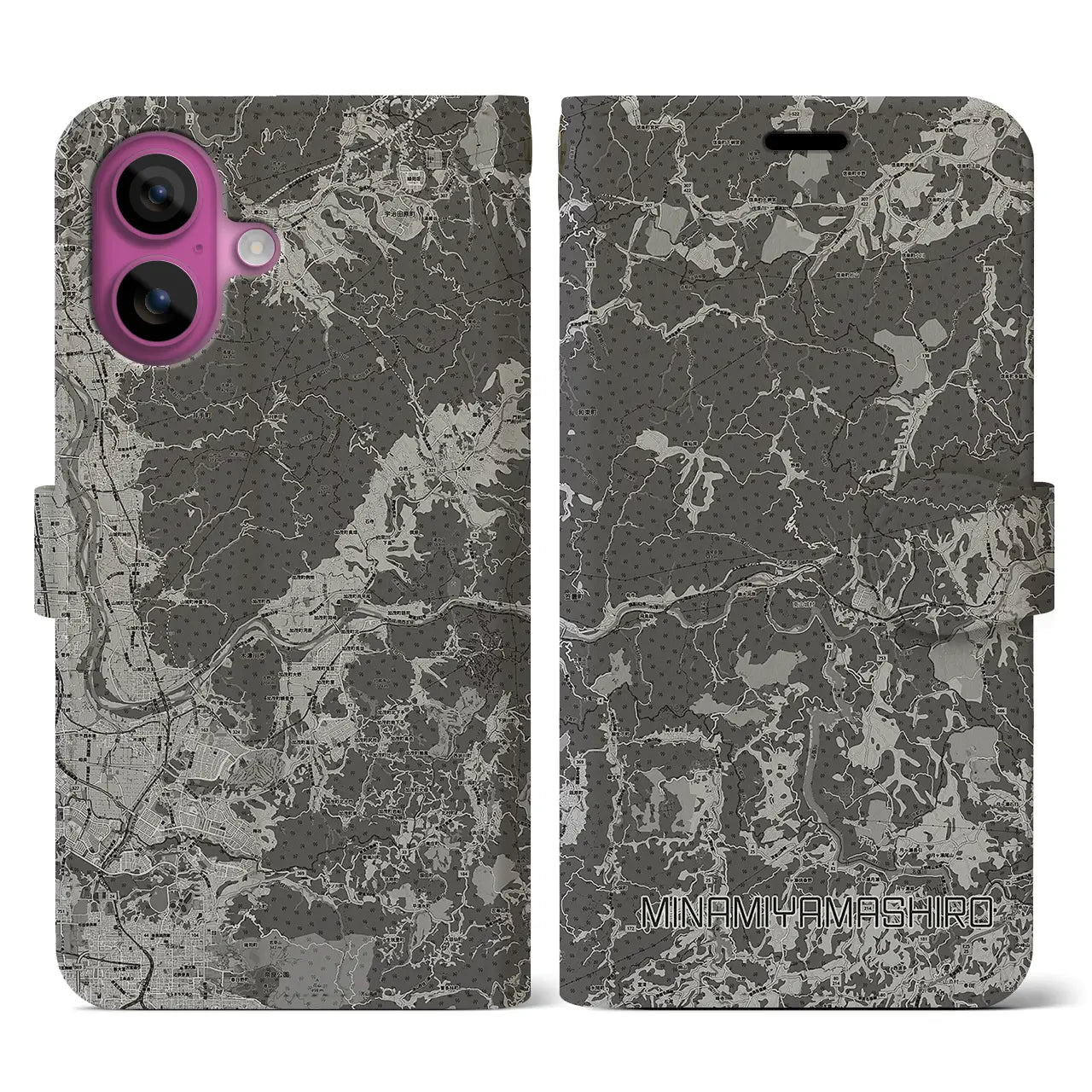 【南山城(京都府)】地図柄iPhoneケース(手帳タイプ)モノトーン・iPhone 16 Pro 用