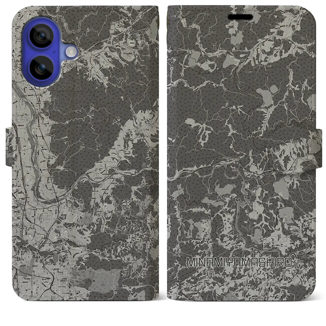 【南山城(京都府)】地図柄iPhoneケース(手帳タイプ)モノトーン・iPhone 16 Pro Max 用