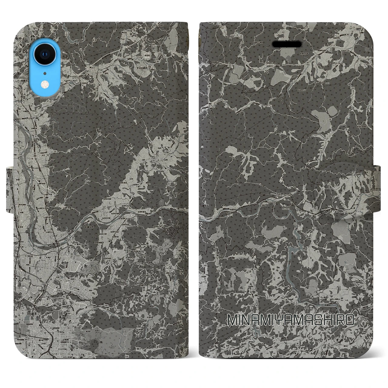 【南山城(京都府)】地図柄iPhoneケース(手帳タイプ)モノトーン・iPhone XR 用