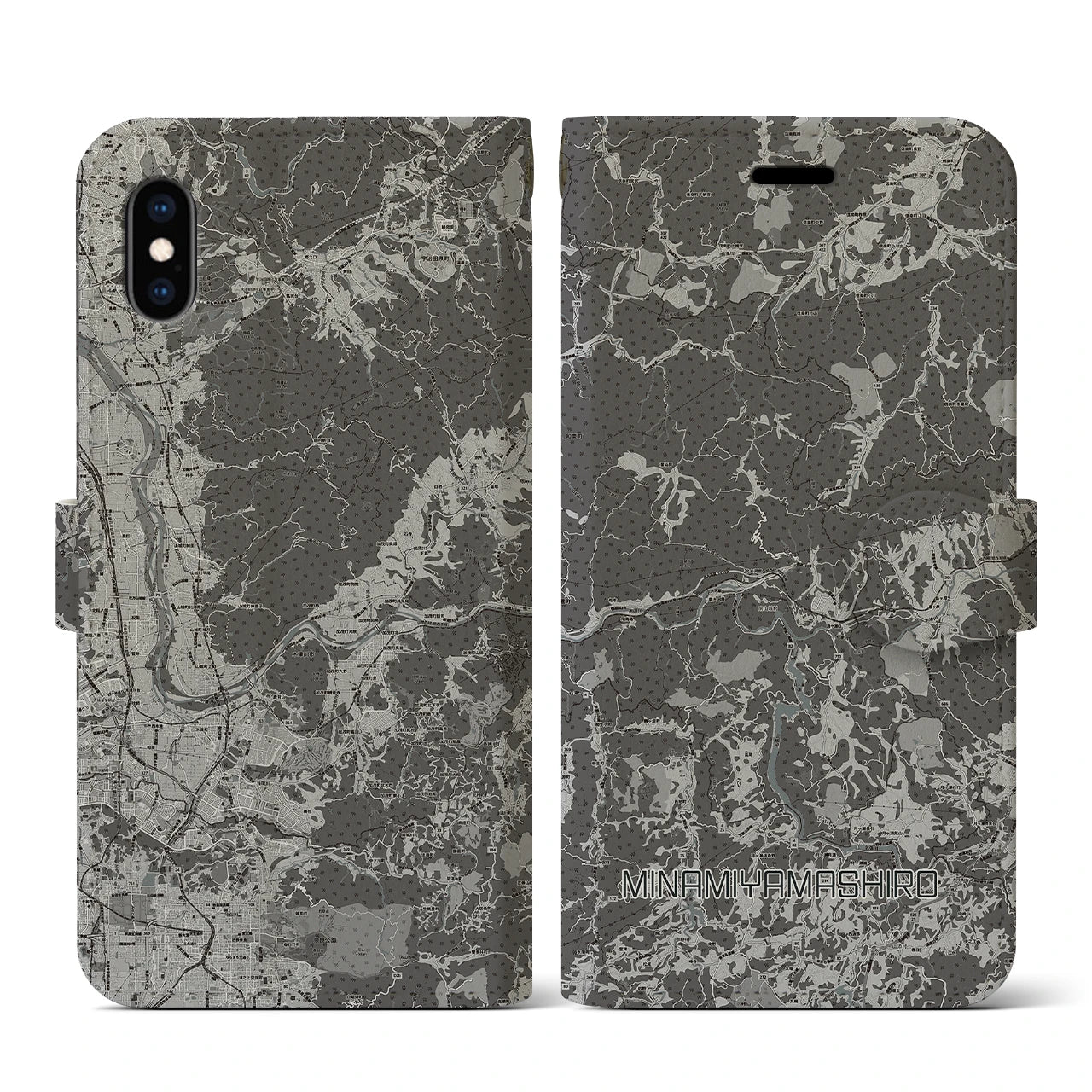 【南山城(京都府)】地図柄iPhoneケース(手帳タイプ)モノトーン・iPhone XS / X 用