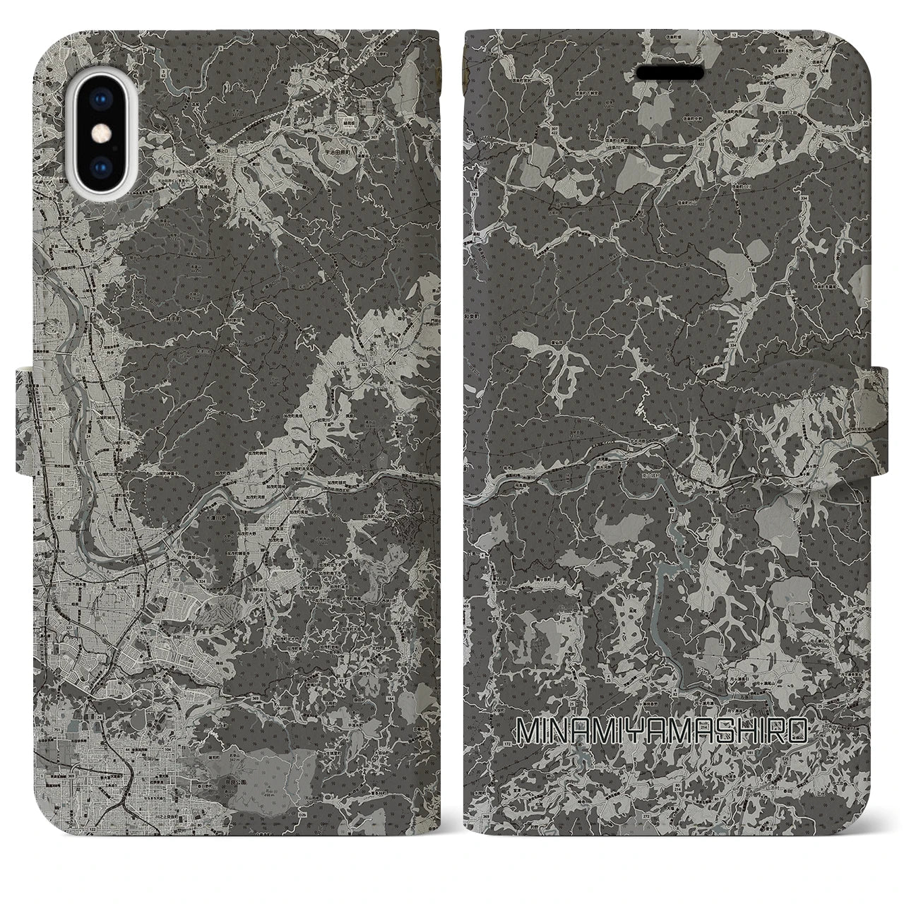 【南山城(京都府)】地図柄iPhoneケース(手帳タイプ)モノトーン・iPhone XS Max 用