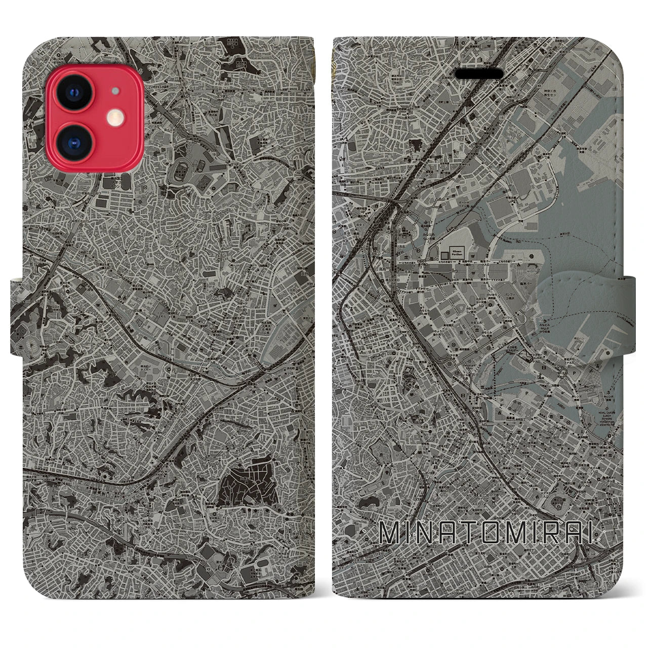 【みなとみらい(神奈川県)】地図柄iPhoneケース(手帳タイプ)モノトーン・iPhone 11 用