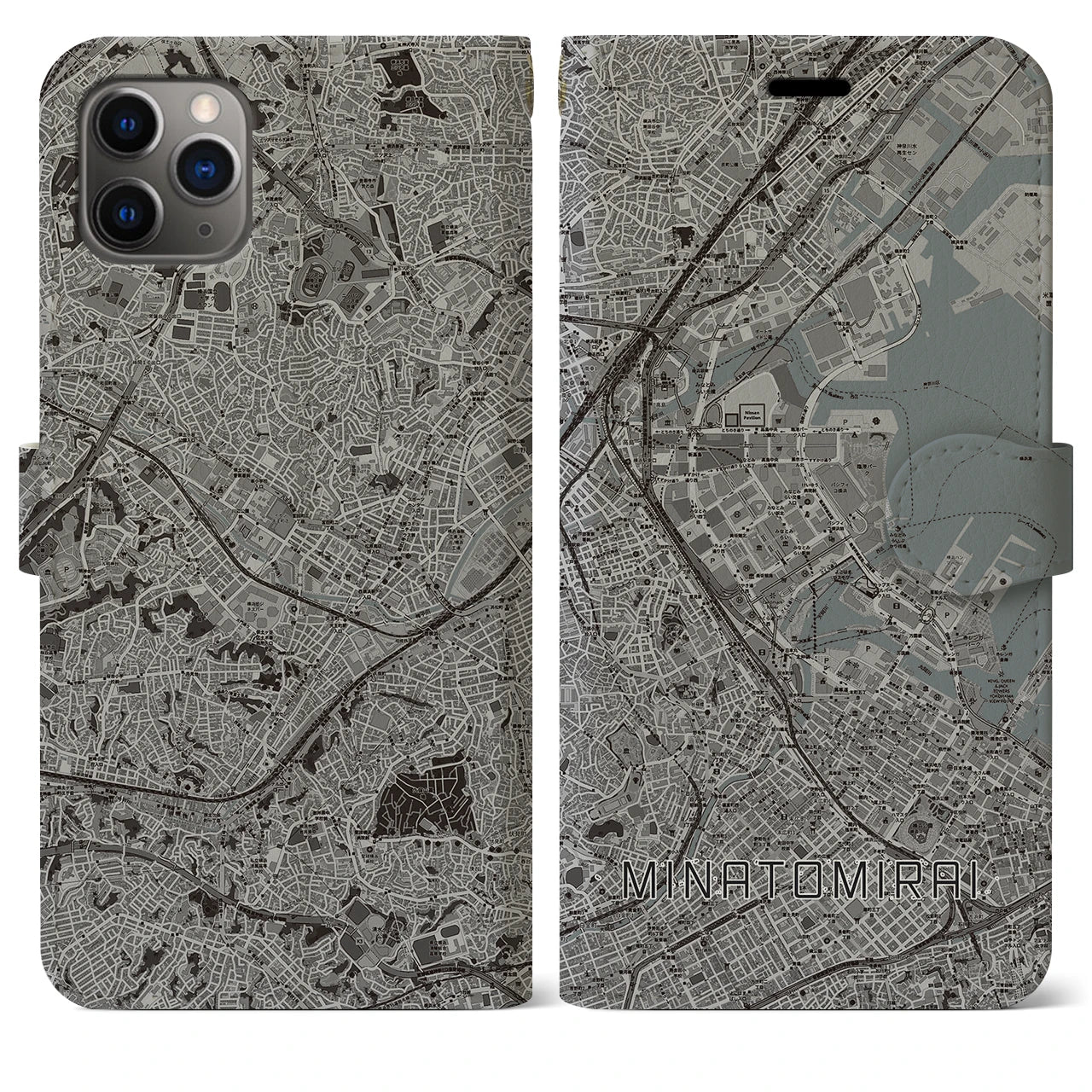 【みなとみらい(神奈川県)】地図柄iPhoneケース(手帳タイプ)モノトーン・iPhone 11 Pro Max 用