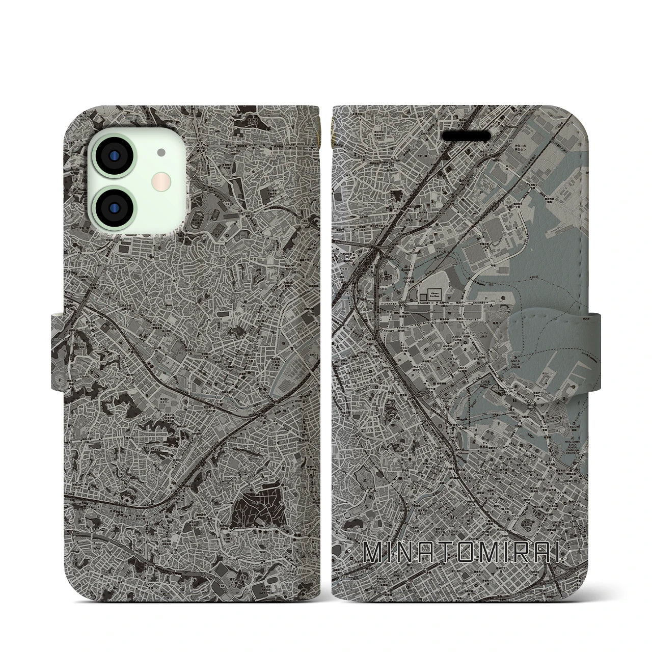 【みなとみらい(神奈川県)】地図柄iPhoneケース(手帳タイプ)モノトーン・iPhone 12 mini 用