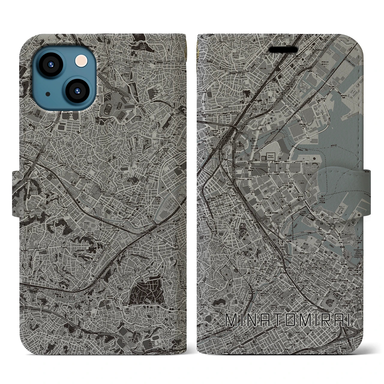 【みなとみらい(神奈川県)】地図柄iPhoneケース(手帳タイプ)モノトーン・iPhone 13 用
