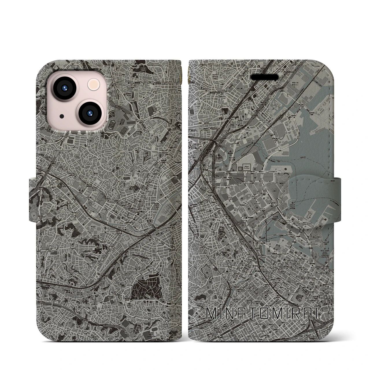 【みなとみらい(神奈川県)】地図柄iPhoneケース(手帳タイプ)モノトーン・iPhone 13 mini 用