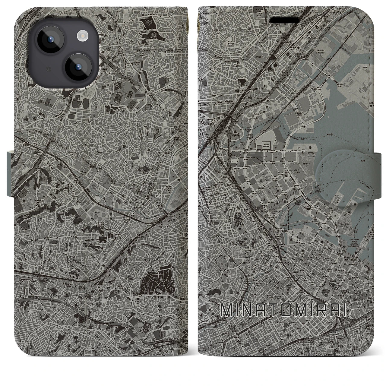 【みなとみらい(神奈川県)】地図柄iPhoneケース(手帳タイプ)モノトーン・iPhone 14 Plus 用