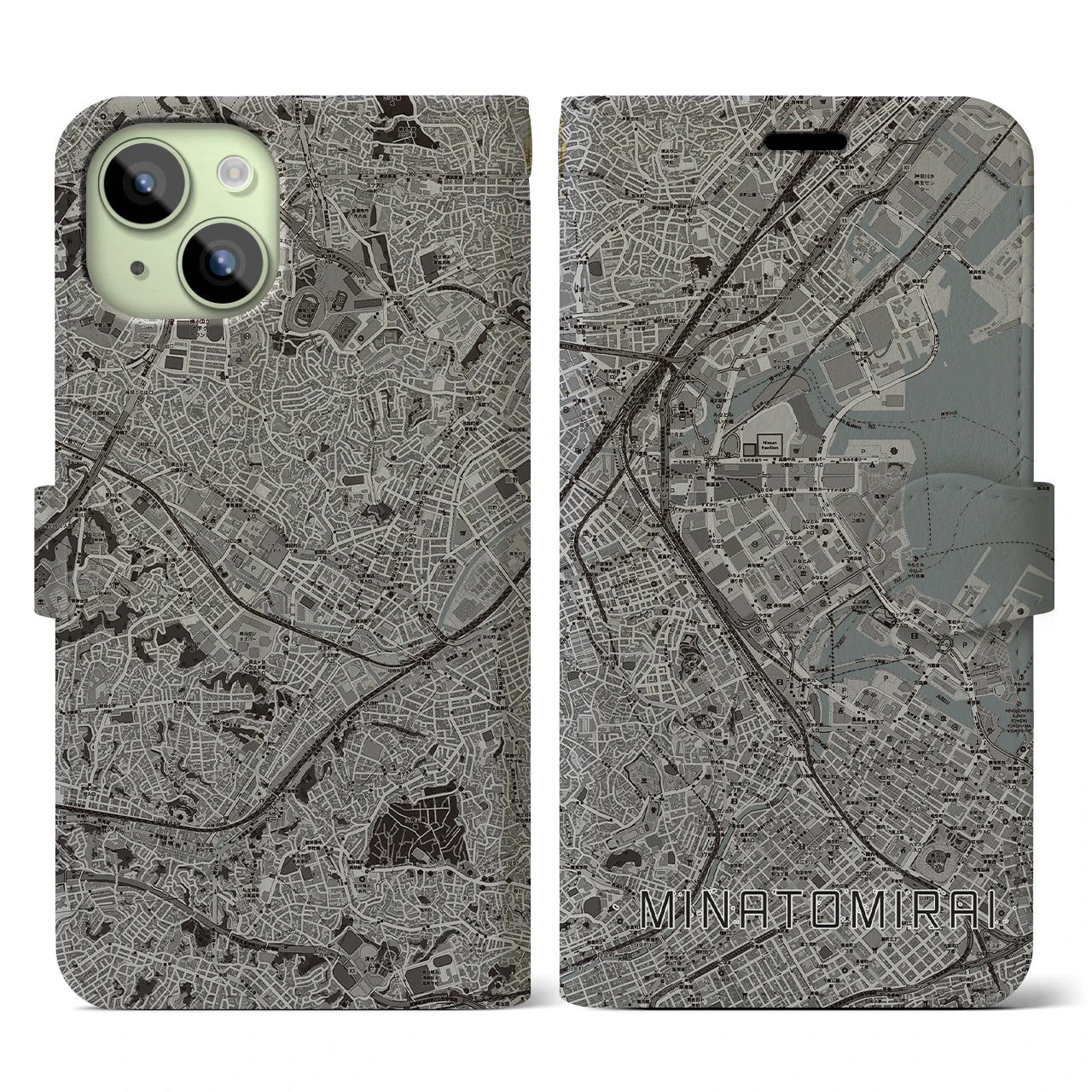 【みなとみらい(神奈川県)】地図柄iPhoneケース(手帳タイプ)モノトーン・iPhone 15 用