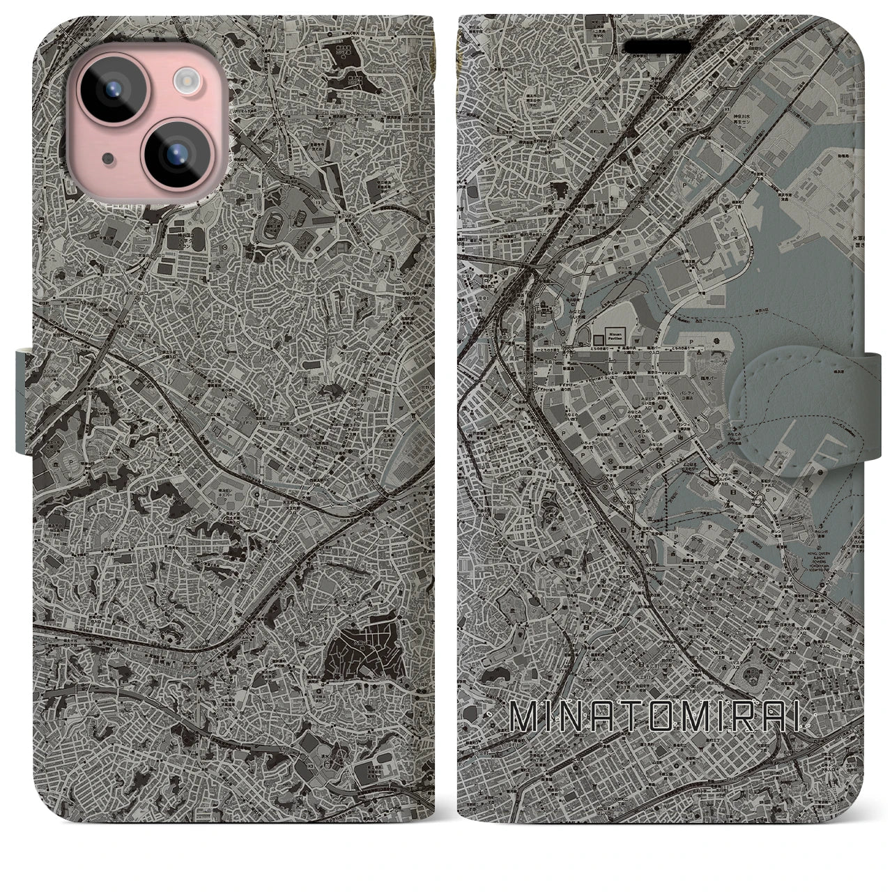 【みなとみらい(神奈川県)】地図柄iPhoneケース(手帳タイプ)モノトーン・iPhone 15 Plus 用