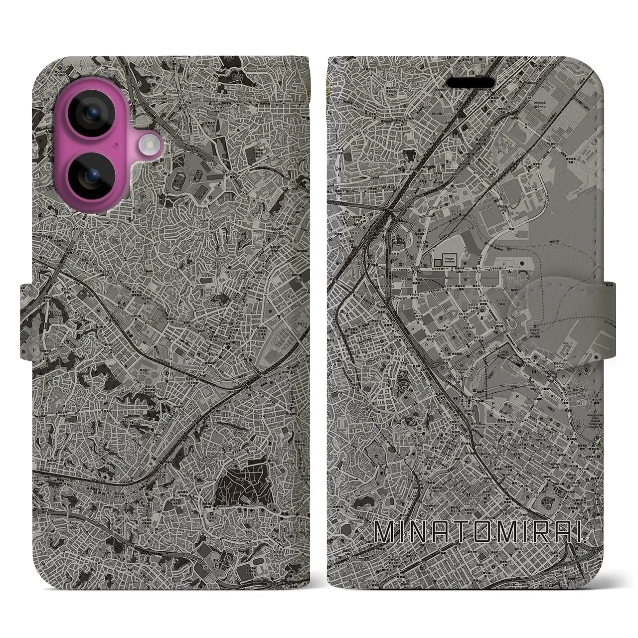 【みなとみらい(神奈川県)】地図柄iPhoneケース(手帳タイプ)モノトーン・iPhone 16 Pro 用