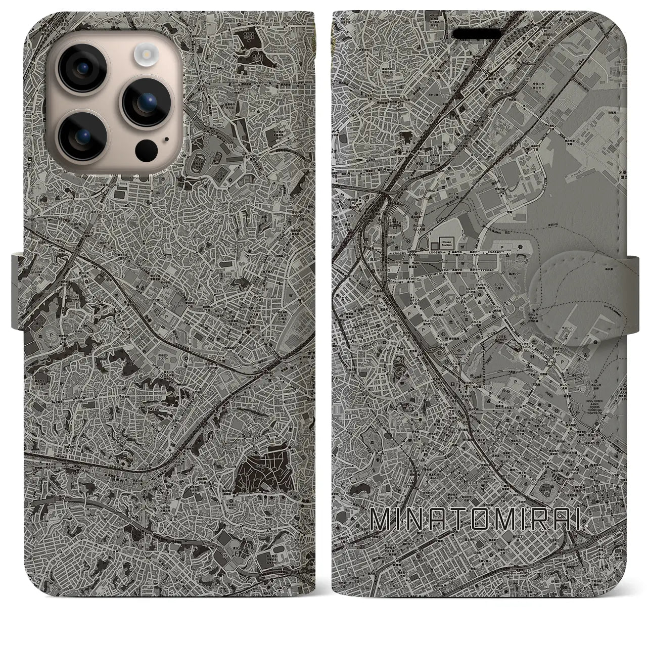 【みなとみらい(神奈川県)】地図柄iPhoneケース(手帳タイプ)モノトーン・iPhone 16 Plus 用