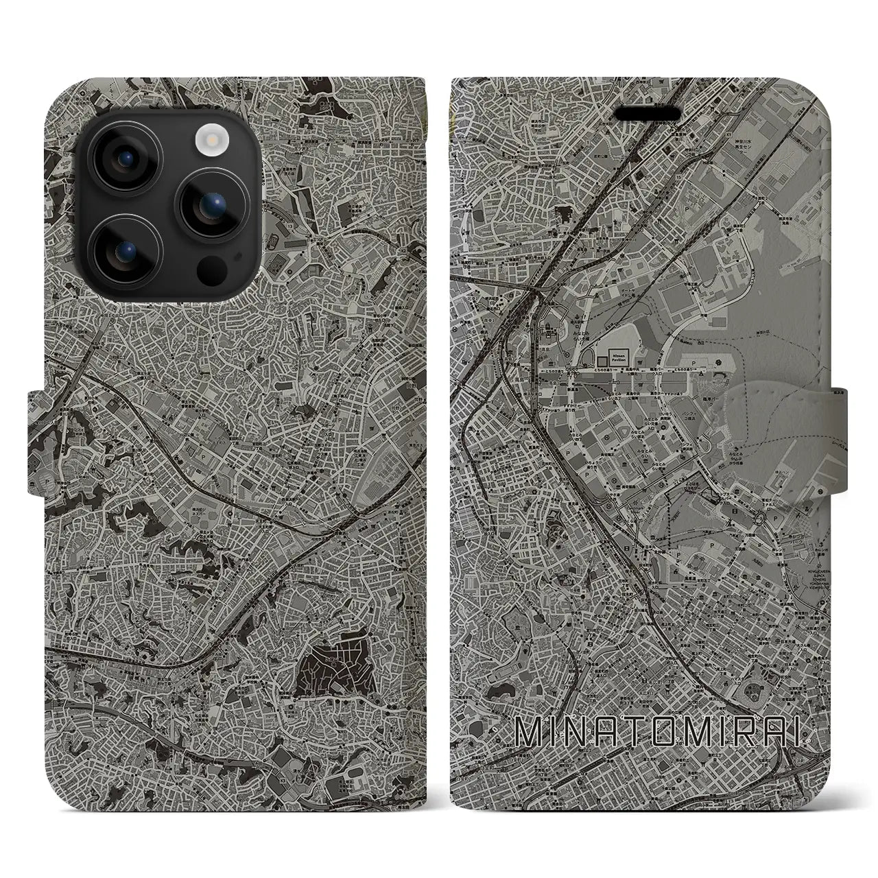 【みなとみらい(神奈川県)】地図柄iPhoneケース(手帳タイプ)モノトーン・iPhone 16 用