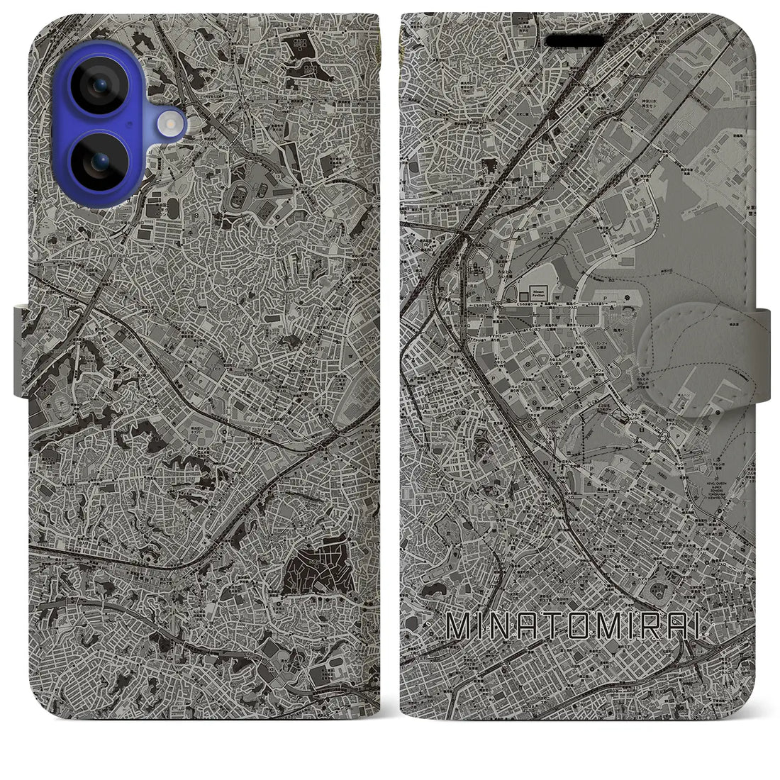 【みなとみらい(神奈川県)】地図柄iPhoneケース(手帳タイプ)モノトーン・iPhone 16 Pro Max 用