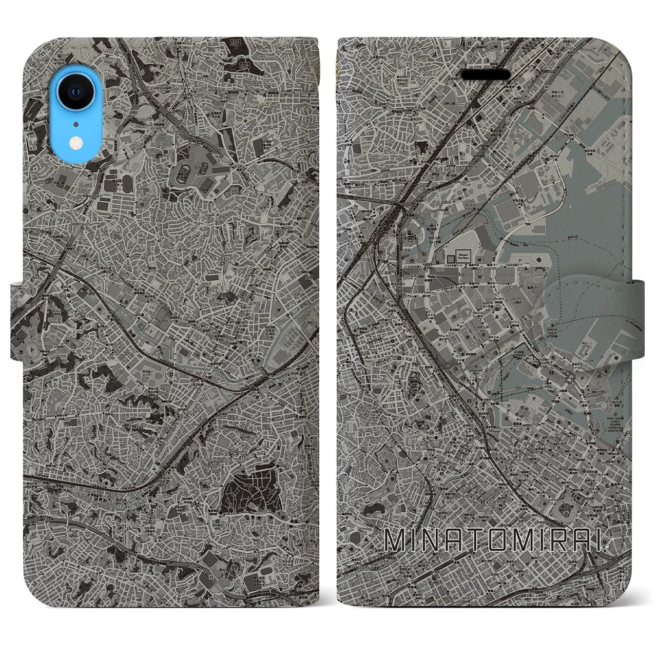 【みなとみらい(神奈川県)】地図柄iPhoneケース(手帳タイプ)モノトーン・iPhone XR 用