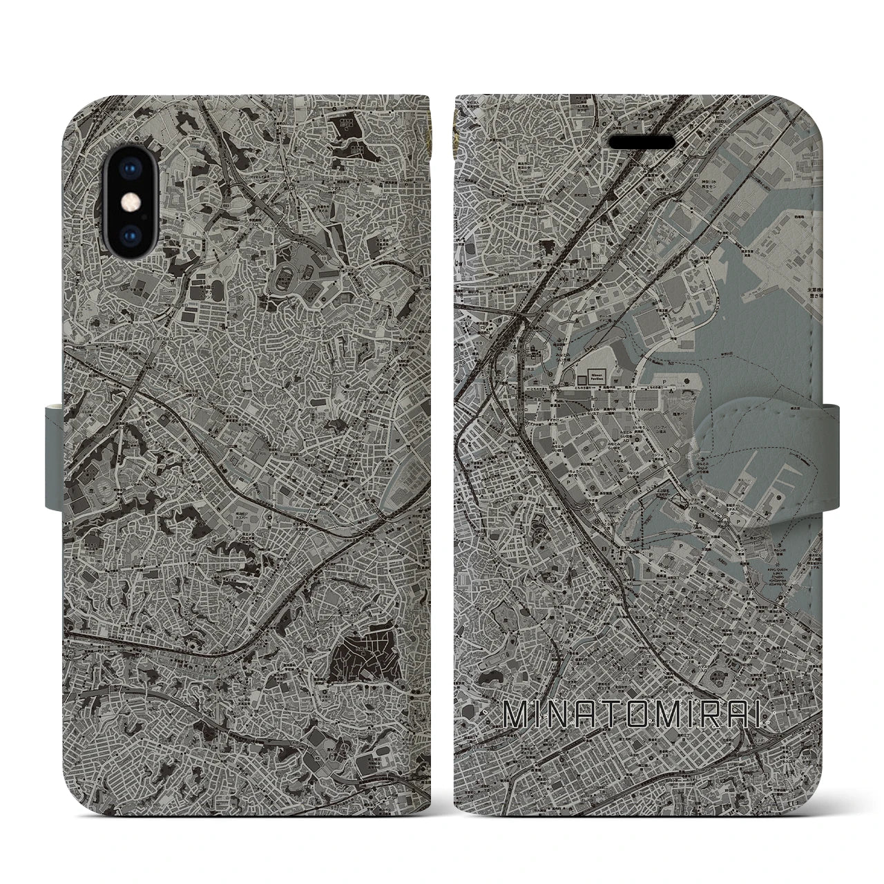 【みなとみらい(神奈川県)】地図柄iPhoneケース(手帳タイプ)モノトーン・iPhone XS / X 用