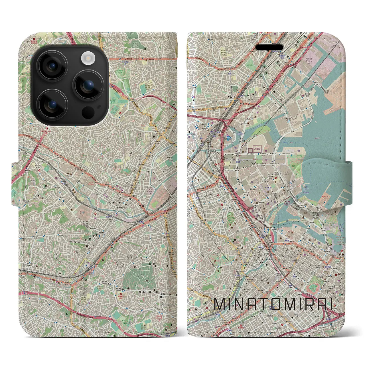 【みなとみらい(神奈川県)】地図柄iPhoneケース(手帳タイプ)ナチュラル・iPhone 16 用