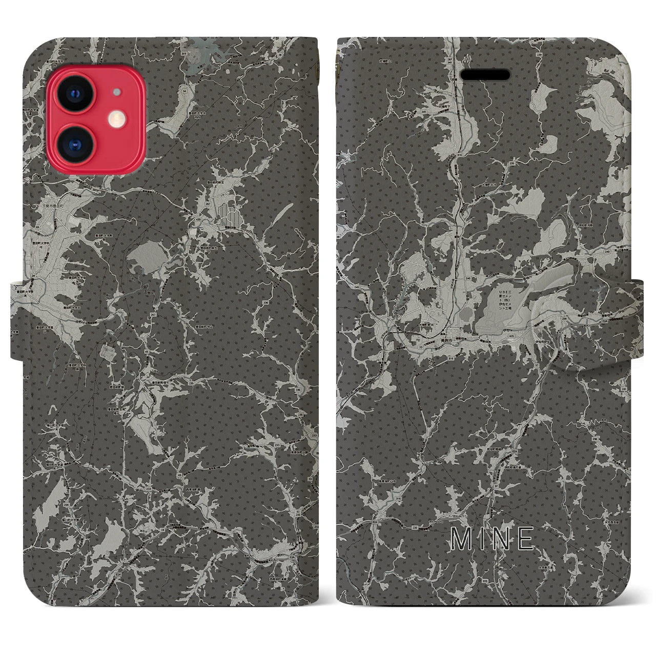【美祢(山口県)】地図柄iPhoneケース(手帳タイプ)モノトーン・iPhone 11 用