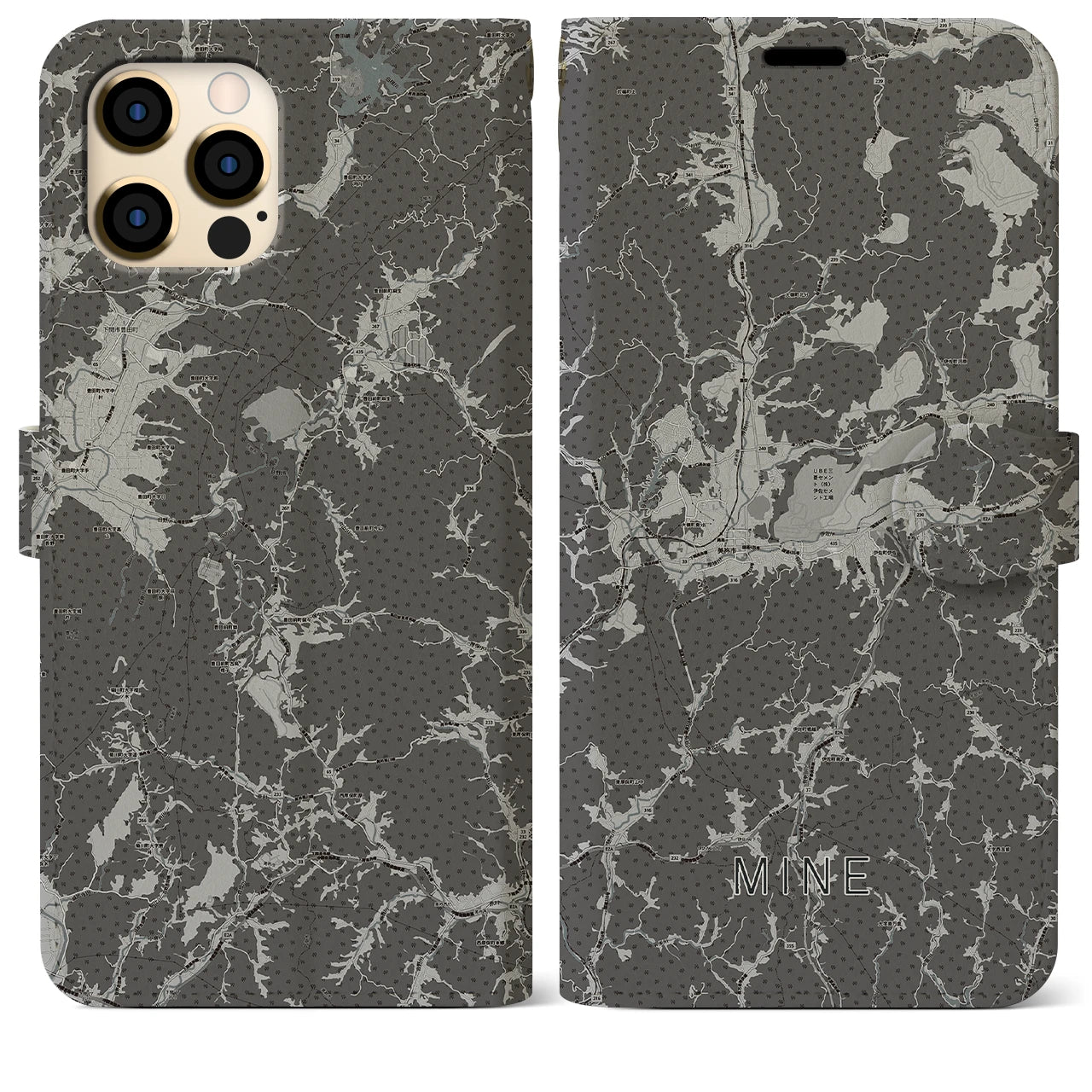 【美祢(山口県)】地図柄iPhoneケース(手帳タイプ)モノトーン・iPhone 12 Pro Max 用
