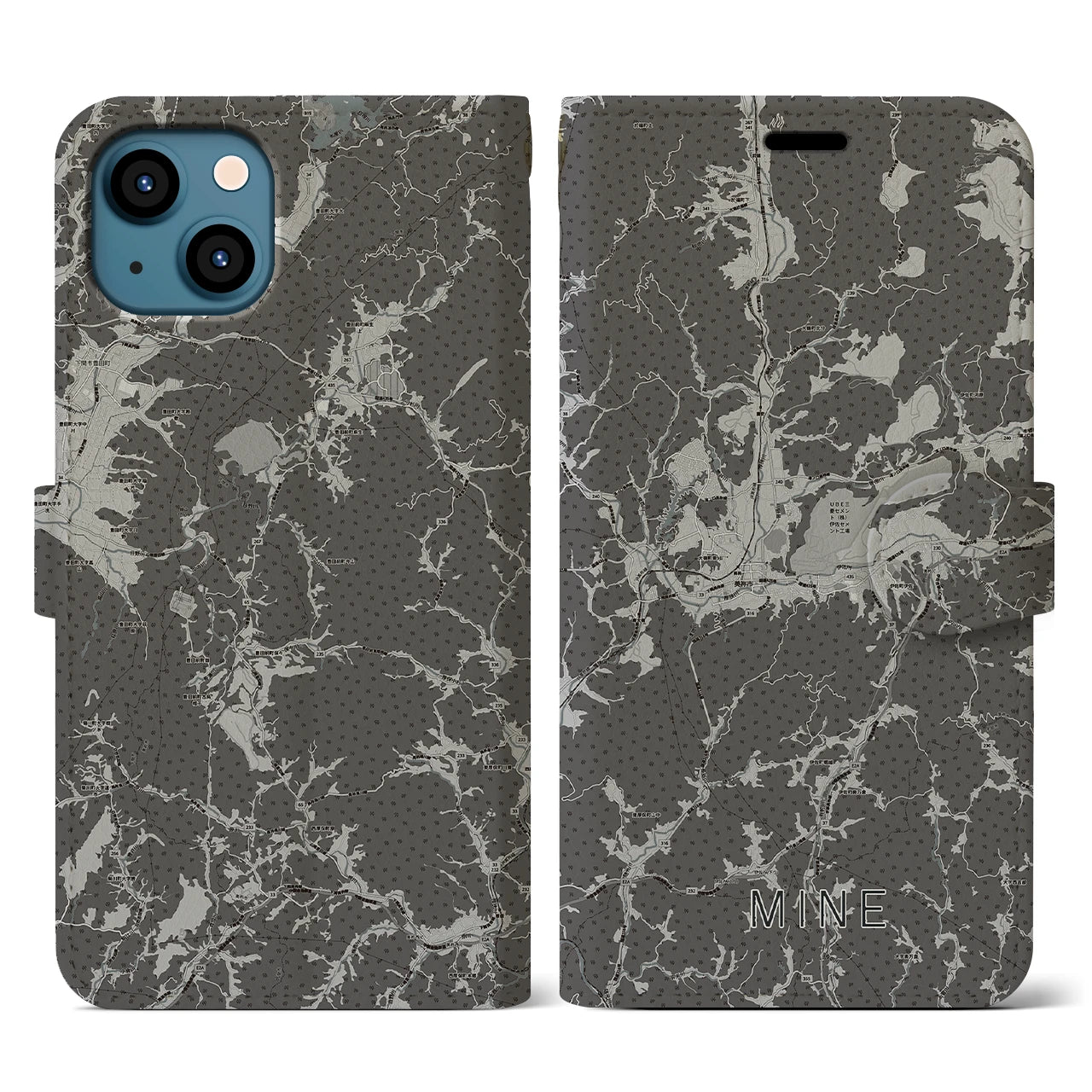 【美祢(山口県)】地図柄iPhoneケース(手帳タイプ)モノトーン・iPhone 13 用
