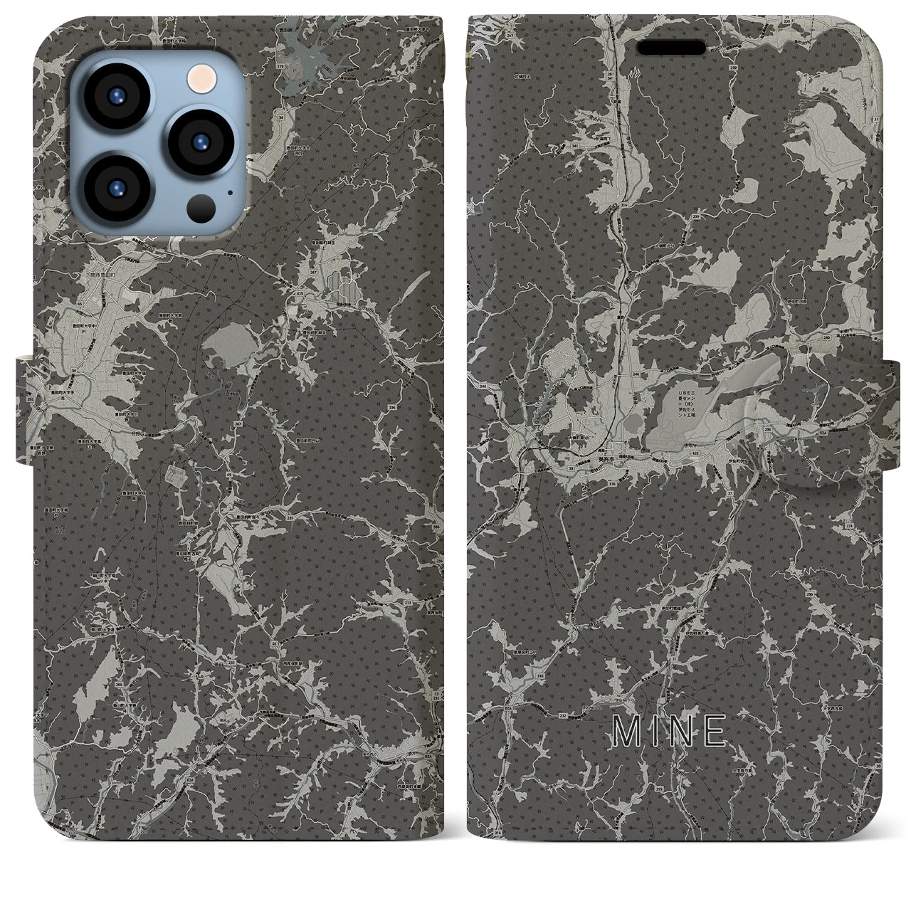 【美祢(山口県)】地図柄iPhoneケース(手帳タイプ)モノトーン・iPhone 13 Pro Max 用