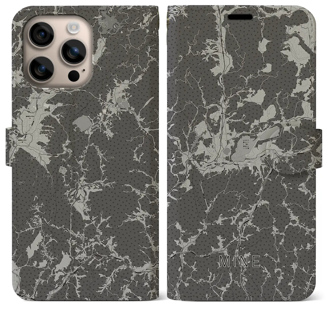 【美祢(山口県)】地図柄iPhoneケース(手帳タイプ)モノトーン・iPhone 16 Plus 用