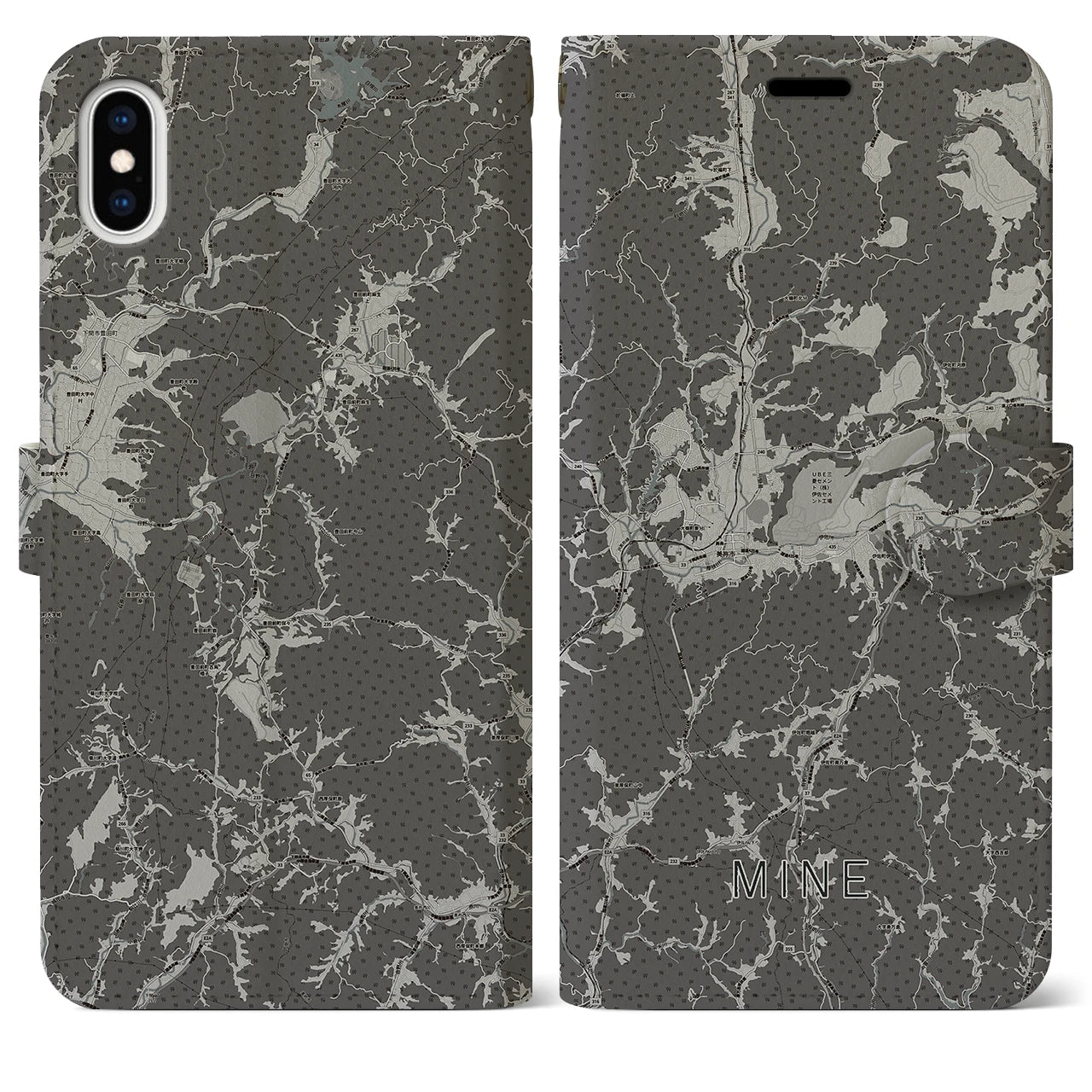 【美祢(山口県)】地図柄iPhoneケース(手帳タイプ)モノトーン・iPhone XS Max 用