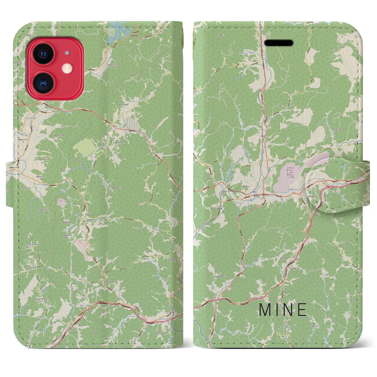 【美祢(山口県)】地図柄iPhoneケース(手帳タイプ)ナチュラル・iPhone 11 用