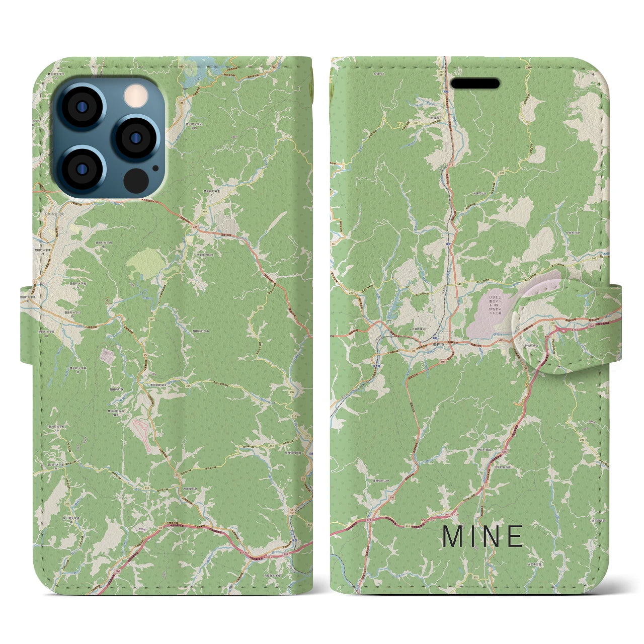 【美祢(山口県)】地図柄iPhoneケース(手帳タイプ)ナチュラル・iPhone 12 / 12 Pro 用