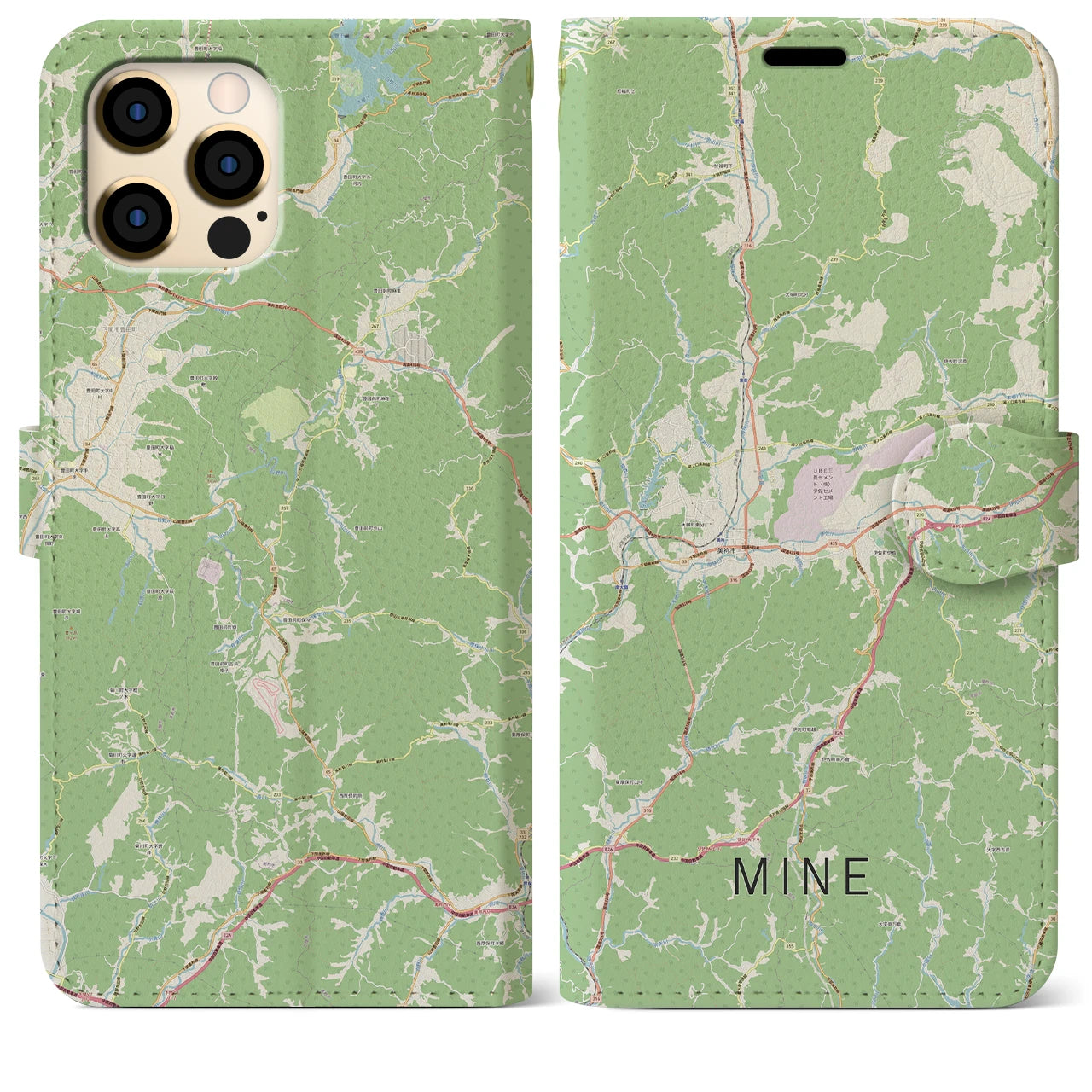 【美祢(山口県)】地図柄iPhoneケース(手帳タイプ)ナチュラル・iPhone 12 Pro Max 用