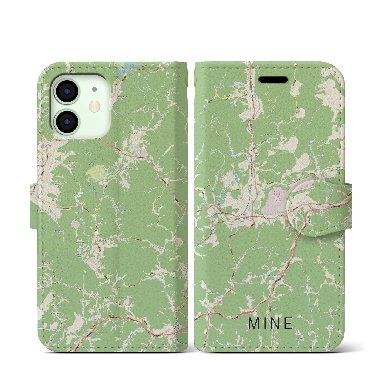 【美祢(山口県)】地図柄iPhoneケース(手帳タイプ)ナチュラル・iPhone 12 mini 用