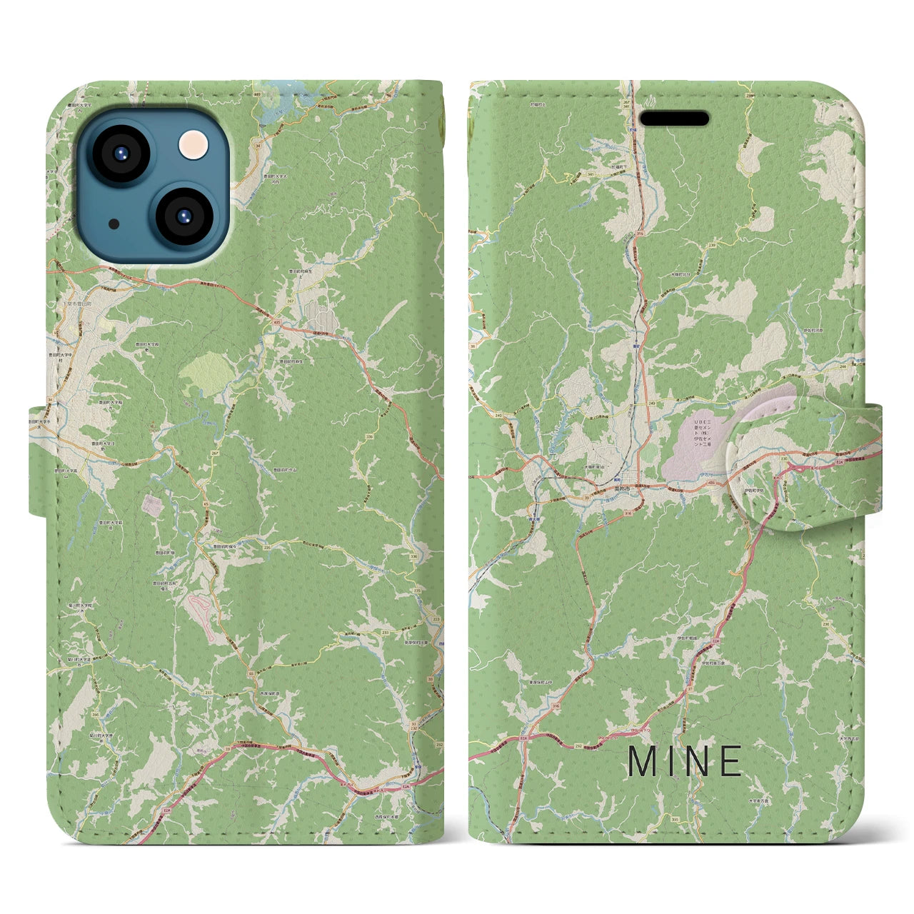 【美祢(山口県)】地図柄iPhoneケース(手帳タイプ)ナチュラル・iPhone 13 用