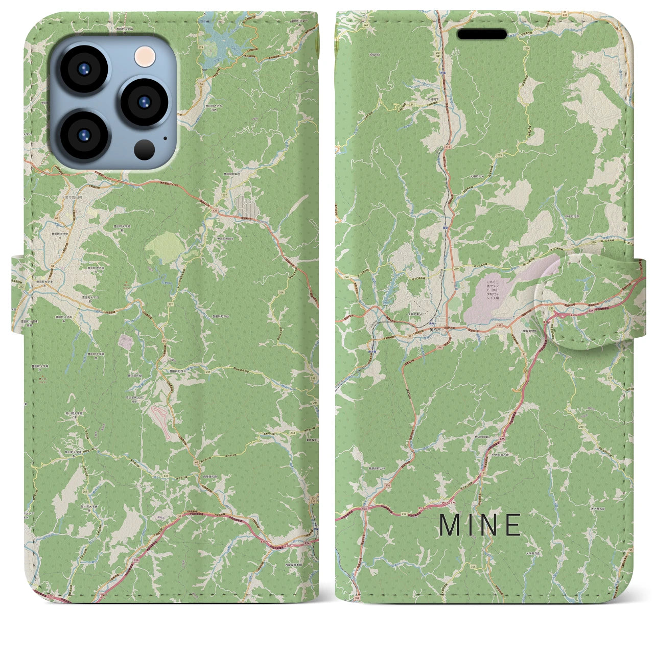 【美祢(山口県)】地図柄iPhoneケース(手帳タイプ)ナチュラル・iPhone 13 Pro Max 用