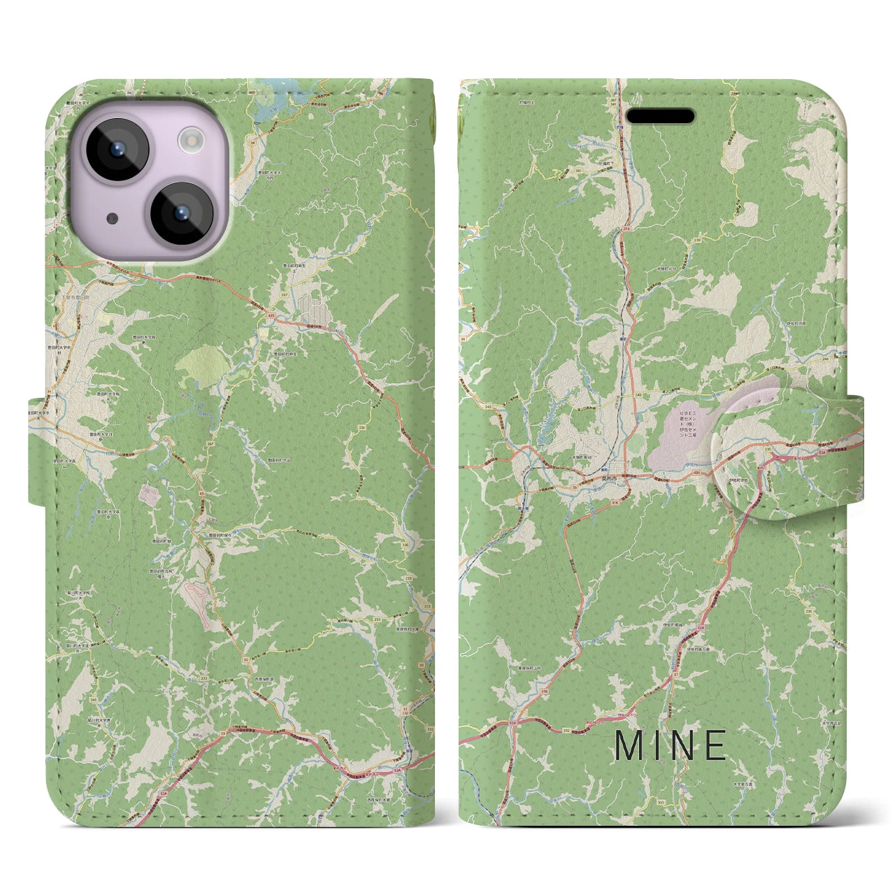【美祢(山口県)】地図柄iPhoneケース(手帳タイプ)ナチュラル・iPhone 14 用