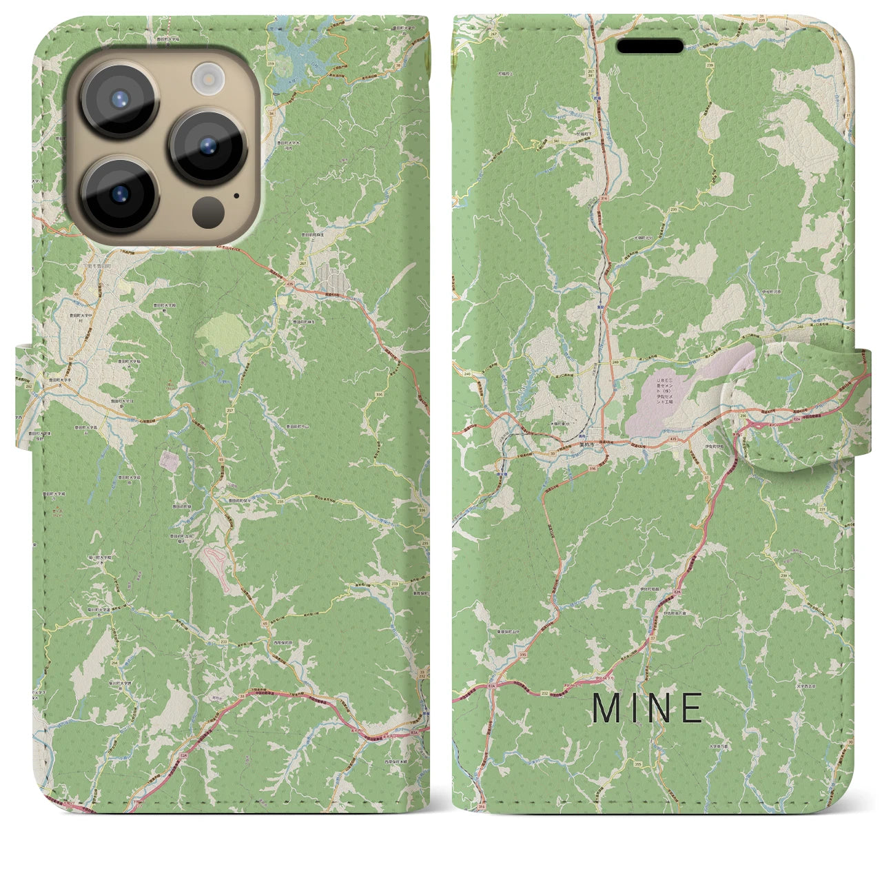 【美祢(山口県)】地図柄iPhoneケース(手帳タイプ)ナチュラル・iPhone 14 Pro Max 用