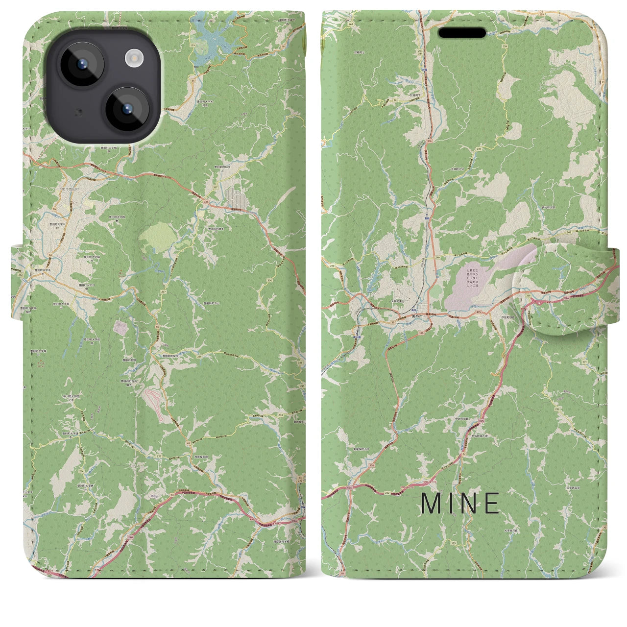 【美祢(山口県)】地図柄iPhoneケース(手帳タイプ)ナチュラル・iPhone 14 Plus 用