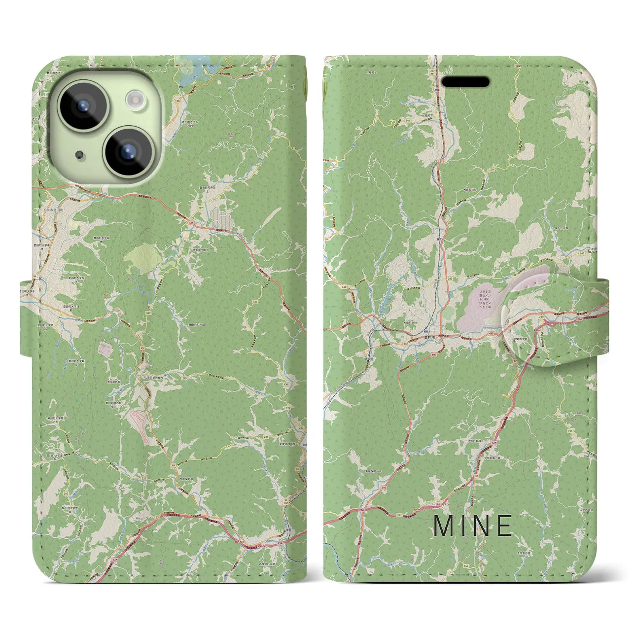 【美祢(山口県)】地図柄iPhoneケース(手帳タイプ)ナチュラル・iPhone 15 用