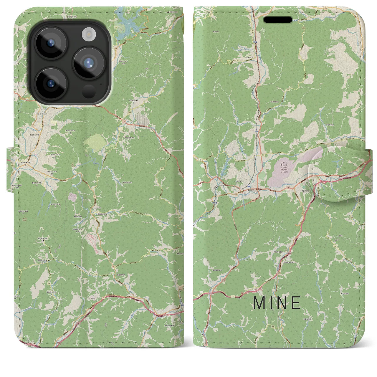 【美祢(山口県)】地図柄iPhoneケース(手帳タイプ)ナチュラル・iPhone 15 Pro Max 用