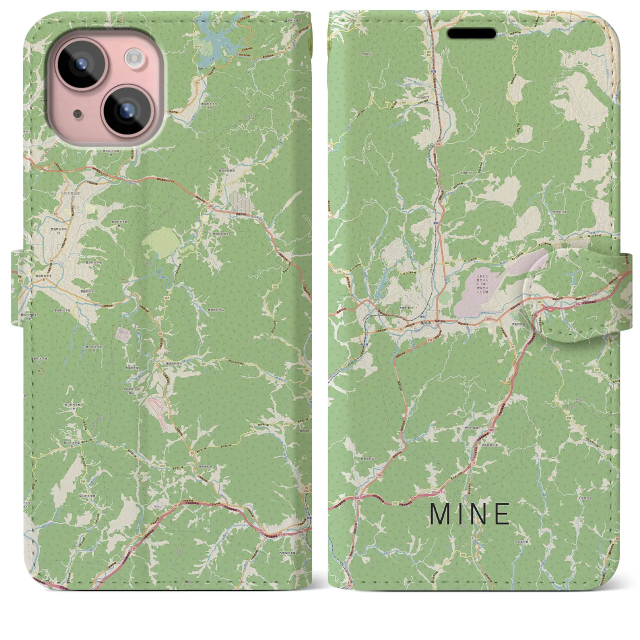 【美祢(山口県)】地図柄iPhoneケース(手帳タイプ)ナチュラル・iPhone 15 Plus 用
