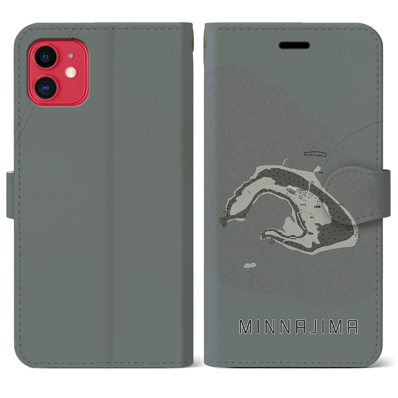 【水納島(沖縄県)】地図柄iPhoneケース(手帳タイプ)モノトーン・iPhone 11 用