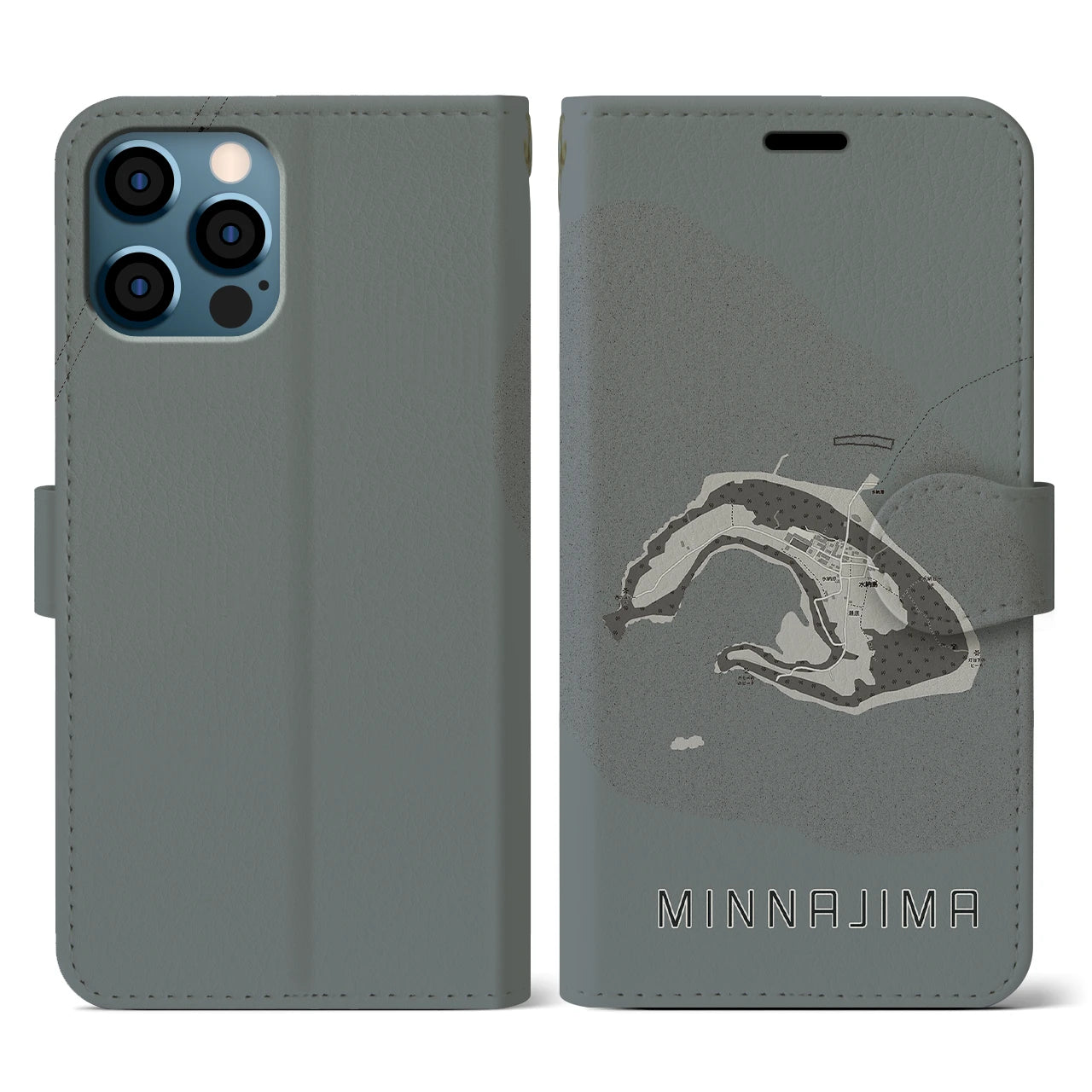 【水納島(沖縄県)】地図柄iPhoneケース(手帳タイプ)モノトーン・iPhone 12 / 12 Pro 用