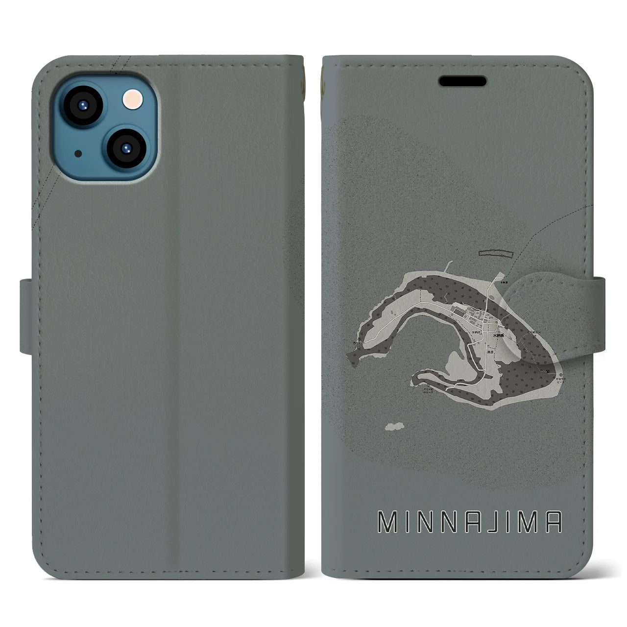 【水納島(沖縄県)】地図柄iPhoneケース(手帳タイプ)モノトーン・iPhone 13 用