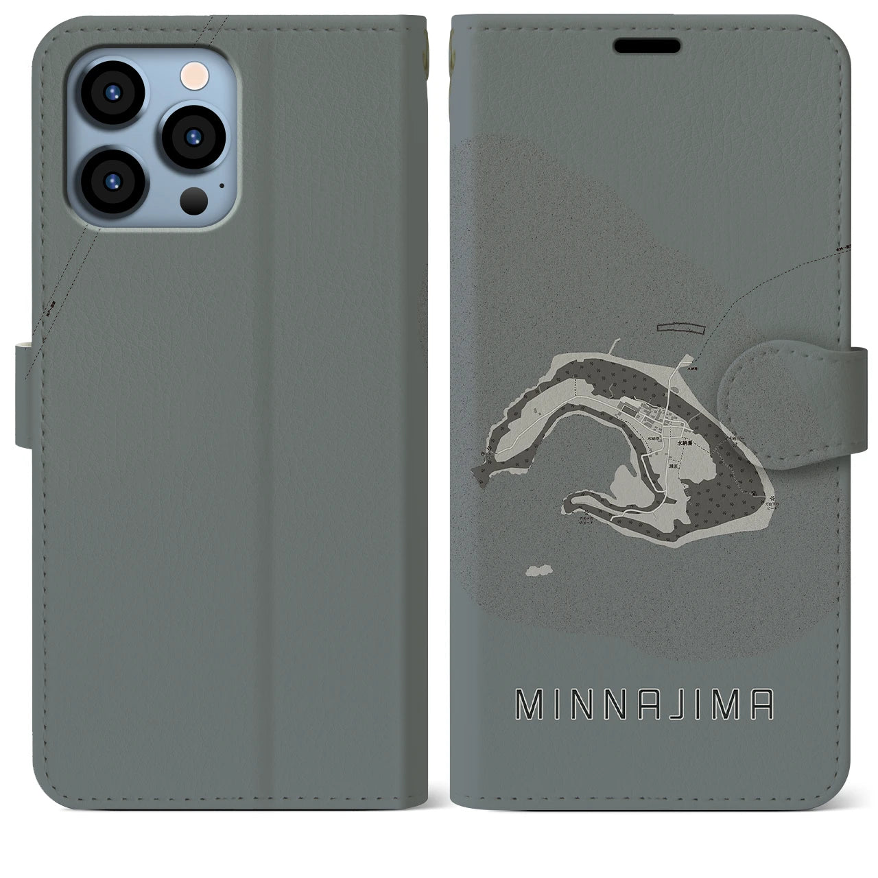 【水納島(沖縄県)】地図柄iPhoneケース(手帳タイプ)モノトーン・iPhone 13 Pro Max 用