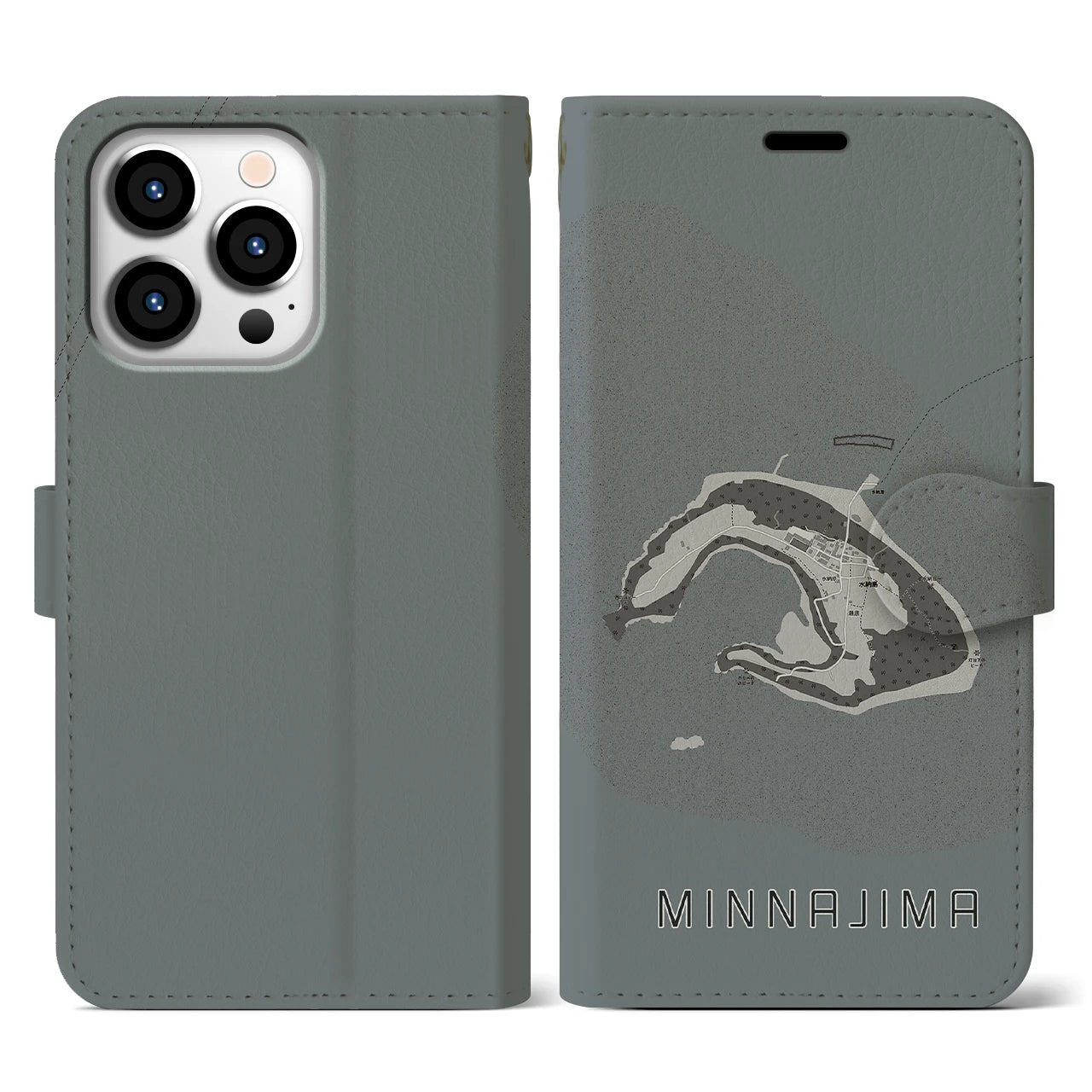 【水納島(沖縄県)】地図柄iPhoneケース(手帳タイプ)モノトーン・iPhone 13 Pro 用