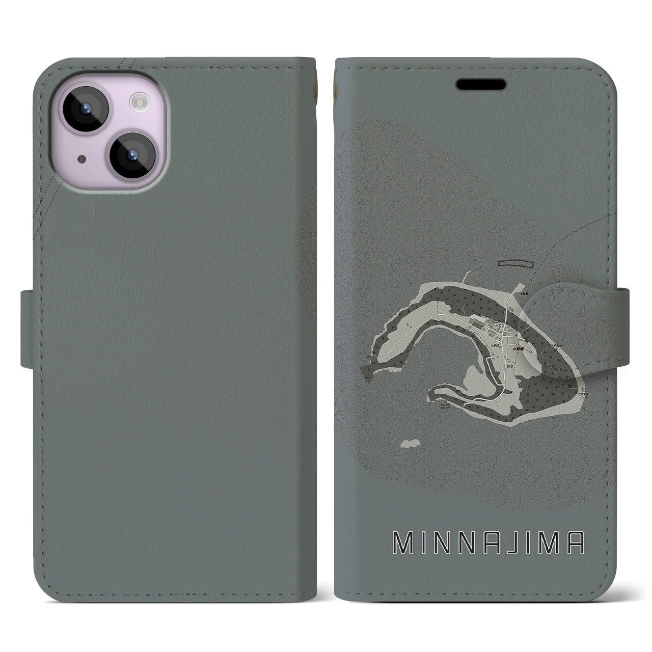 【水納島(沖縄県)】地図柄iPhoneケース(手帳タイプ)モノトーン・iPhone 14 用
